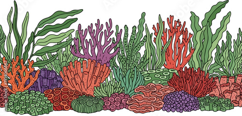 A vibrant illustrated marine ecosystem with colorful corals and diverse underwater plants
