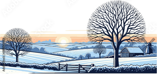 A picturesque winter landscape with bare trees, a barn, and a windmill under a soft sunset