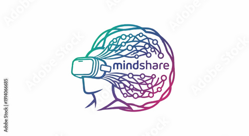 A stylized human head silhouette wears a VR headset, with abstract neural connections radiating outwards