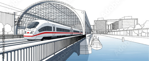 Modern train waits at an architecturally significant station with a glass roof and river