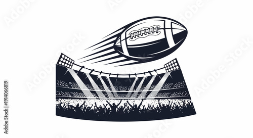 Dynamic football flies over cheering crowd in illuminated stadium