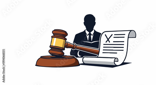 Illustration of a gavel, a silhouette figure in a suit, and a document with an "X" mark