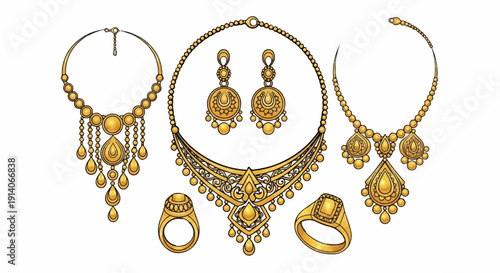Intricate gold necklaces, earrings, and rings, adorned with teardrop and circular elements