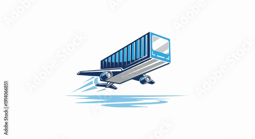 Blue cargo container flies as a plane with jet exhaust