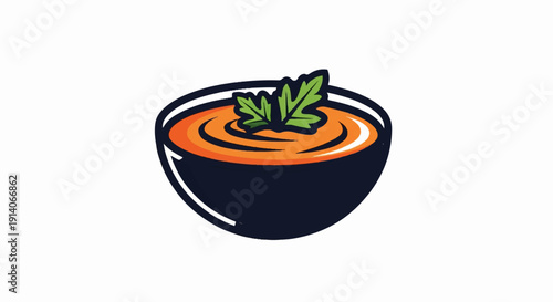 A dark bowl filled with vibrant orange soup and garnished with green leaves