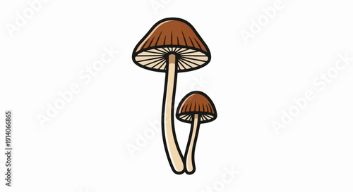Two stylized brown mushrooms with beige stems stand against a white background, one taller than the other