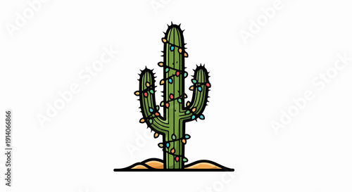 A cartoon-style saguaro cactus decorated with a string of colorful lights