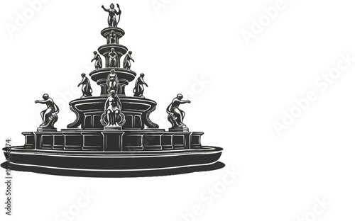 A detailed, multi-tiered fountain with sculptures of human figures adorning its levels