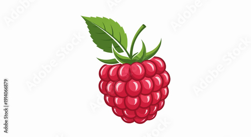 A vibrant, juicy raspberry with a green leaf, isolated on a white background