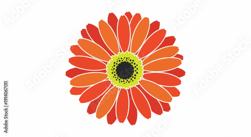 A vibrant, stylized gerbera daisy with red and orange petals and a detailed green and black center on a white background