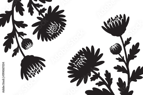 Black and white traced daisy flowers with leaves and buds