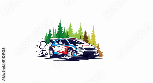 A dynamic rally car kicks up dust against a backdrop of vibrant evergreen trees