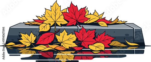 Colorful autumn leaves rest on a gray stone structure, with a reflective effect below