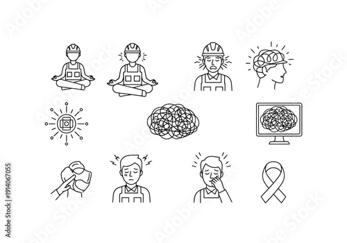 Worker Mental Health Awareness And Brain Stress Concept Icons Set Representing Stress Anxiety Meditation And Care In Business And Industry Settings