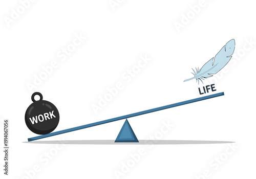 Balancing concept with work weight and delicate life feather on seesaw showing imbalance due to heavy workload for career growth or personal time