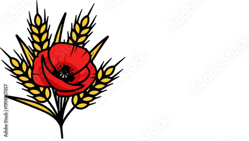 A red poppy with yellow wheat stalks on a white background