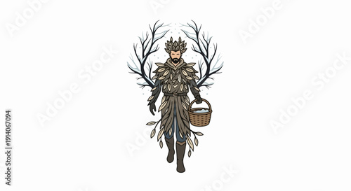 A man in leafy armor, holding a basket, with bare branches framing him