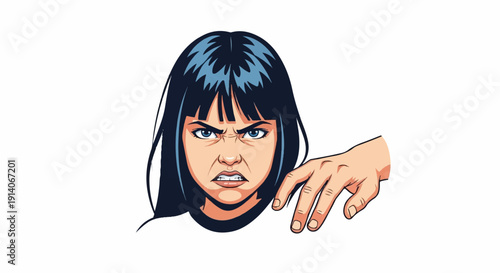 Frowning woman with sharp gaze and outstretched hand, expressive digital art