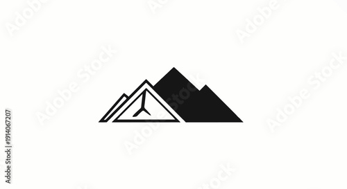 Stylized mountains and a triangular tent with a central pole and structure