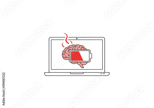 Digital Brain Overheat Caution Concept Computer Screen Showing Low Battery Indicator Overlaying Human Mind Symbol Hot Steam Rising From Device