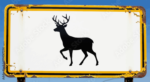 A rusty, weathered sign featuring a black silhouette of a deer on a white background