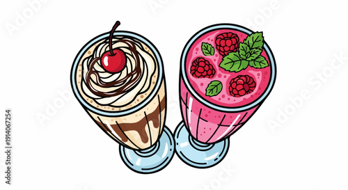 Two colorful dessert drinks a creamy vanilla milkshake with chocolate drizzle topped with a cherry and a vibrant pink raspberry smoothie