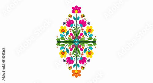 Vibrant, symmetrical floral and butterfly design with folk art aesthetic