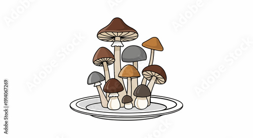 A collection of diverse mushrooms, artistically rendered on a simple white plate