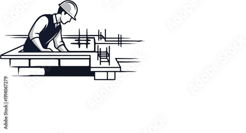 Construction worker in hard hat works on foundation with rebar