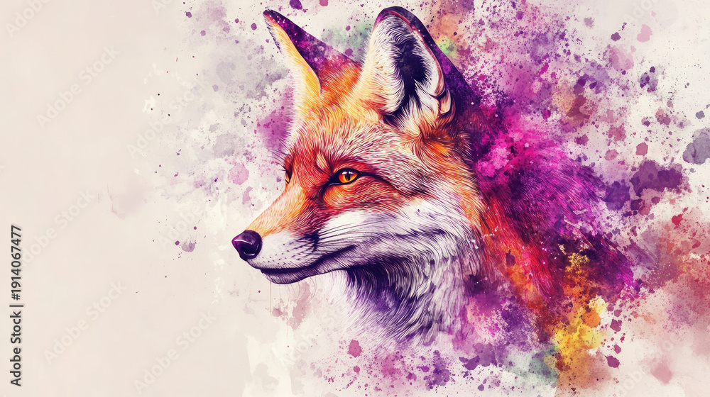custom made wallpaper toronto digitalA stunning watercolor portrait of a fox. This captivating artwork showcases the fox's head and face against a backdrop of vibrant watercolor splashes. AI Generative
