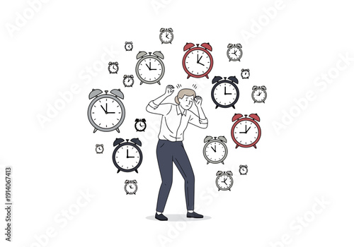 Overwhelmed Person Surrounded by Many Alarm Clocks Showing Different Times Stress Concept Deadline Pressure Management Challenges And Anxiety