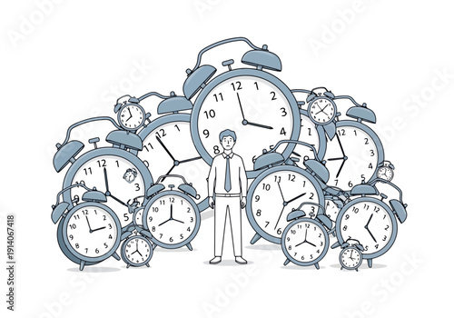Businessman Overwhelmed By Numerous Alarm Clocks Concept Of Time Management Stress Deadline Pressure Industry Business Workload Occupation Career