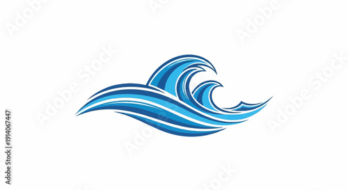 Stylized blue waves cresting and flowing, with a white background