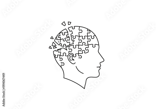 Abstract Concept Of Human Mind Represented By Puzzle Pieces Forming Head Outline Disintegrating Outline Isolated On White Background Conceptual