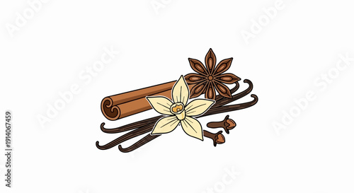 Assorted aromatic spices including vanilla, cinnamon, star anise and cloves, artfully arranged