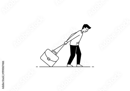 Man Struggling To Pull Heavy Briefcase Isolated On White Background Business Travel Challenges Concept Simple Line Art