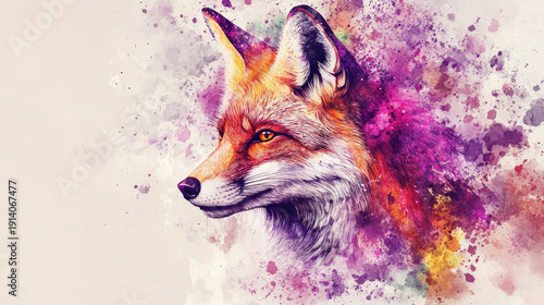Wallpaper Mural A stunning watercolor portrait of a fox. This captivating artwork showcases the fox's head and face against a backdrop of vibrant watercolor splashes. AI Generative Torontodigital.ca