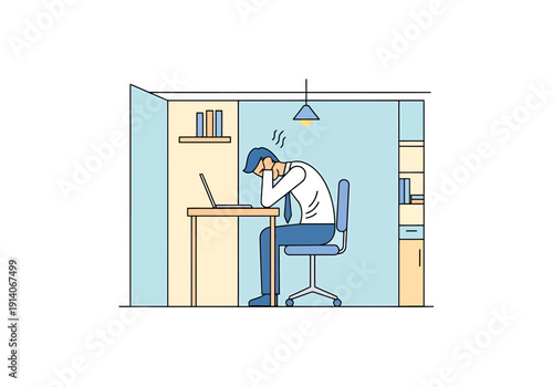 Exhausted office worker slumped over laptop in cubicle with head in hands showing immense professional burnout and work stress