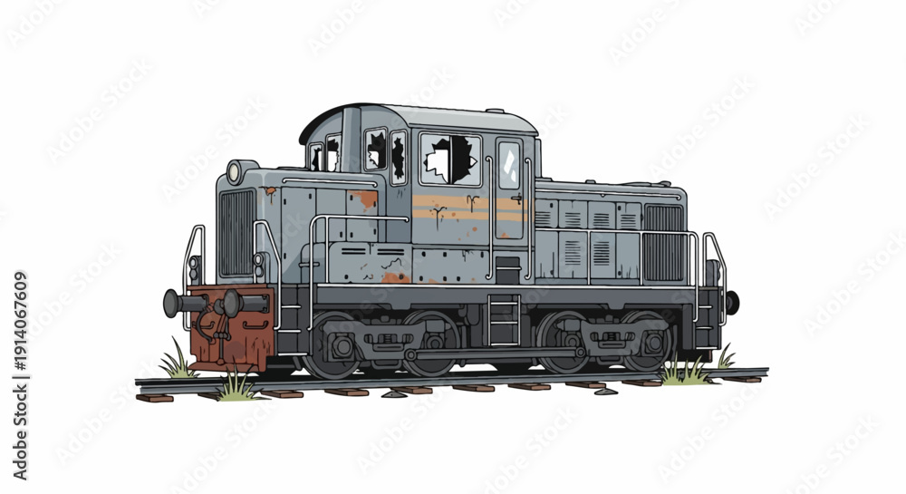 Obraz premium A dilapidated diesel locomotive with broken windows and rusty patches sits on tracks