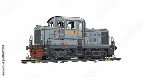 A dilapidated diesel locomotive with broken windows and rusty patches sits on tracks