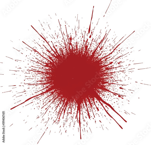 A striking radial burst of red splatter resembling a bloodstain or ink explosion