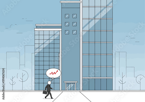 Business professional walking towards modern office buildings with financial growth chart in thought bubble success concept