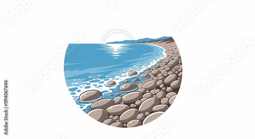 Pixelated beach scene with smooth stones, blue water, and distant hills under a halo sun