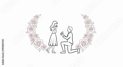 A romantic scene depicts a man proposing to a woman with a ring, surrounded by a floral garland
