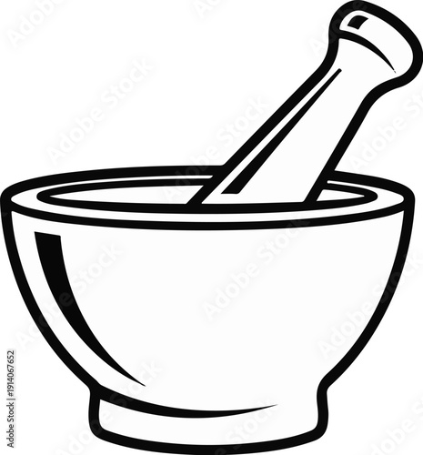 A simple black and white line drawing of a mortar and pestle