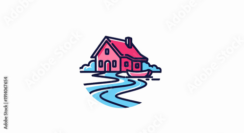 Stylized pink house by a winding river with a boat