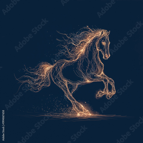 Energetic full-length portrait of a fiery horse made of flying sparks, symbol of 2026
