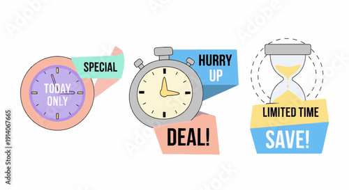 Time-Sensitive Sales Icons with Clocks and Hourglass