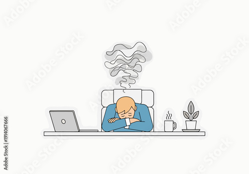 Frustrated Businessman Exhausted Sitting At Desk With Laptop And Steaming Head From Overwork Overthinking Stress Burnout Concept