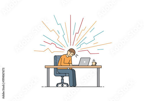 Man Overwhelmed By Technology And Information Overload Sitting At Desk With Laptop And Coffee Mug